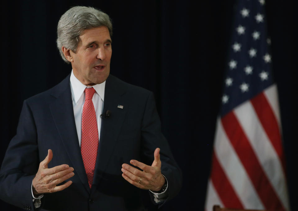 WASHINGTON, DC - MARCH 18: Secretary of State John Kerry speaks about the situation in Crimea during a town hall meeting with university students at the State Department, on March 18, 2014 in Washington, DC. Kerry spoke at the town hall meeting that was billed as 'Making Foreign Policy Less Foreign.'  (Photo by Mark Wilson/Getty Images)