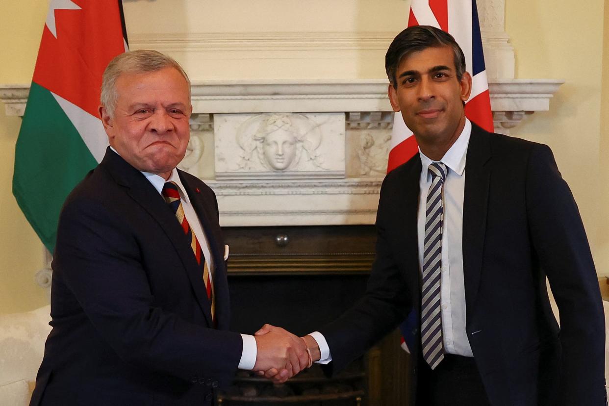 Prime Minister Rishi Sunak shakes hands with King Abdullah II, King of Jordan, in 10 Downing Street, London on Sunday (PA Wire)