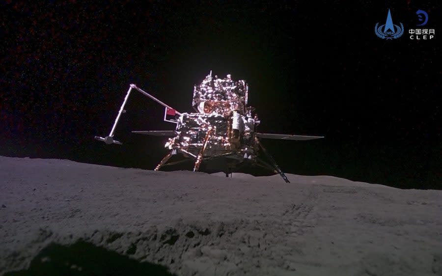 This China National Space Administration (CNSA) handout image released by Xinhua News Agency, shows the lander-ascender combination of Chang'e-6 probe taken by a mini rover after it landed on the moon surface, June 4, 2024. China's Chang'e 6 probe returned on Earth on Tuesday with rock and soil samples from the little-explored far side of the moon in a global first. The probe landed in northern China on Tuesday afternoon in the Inner Mongolian region. (CNSA/Xinhua via AP, File)