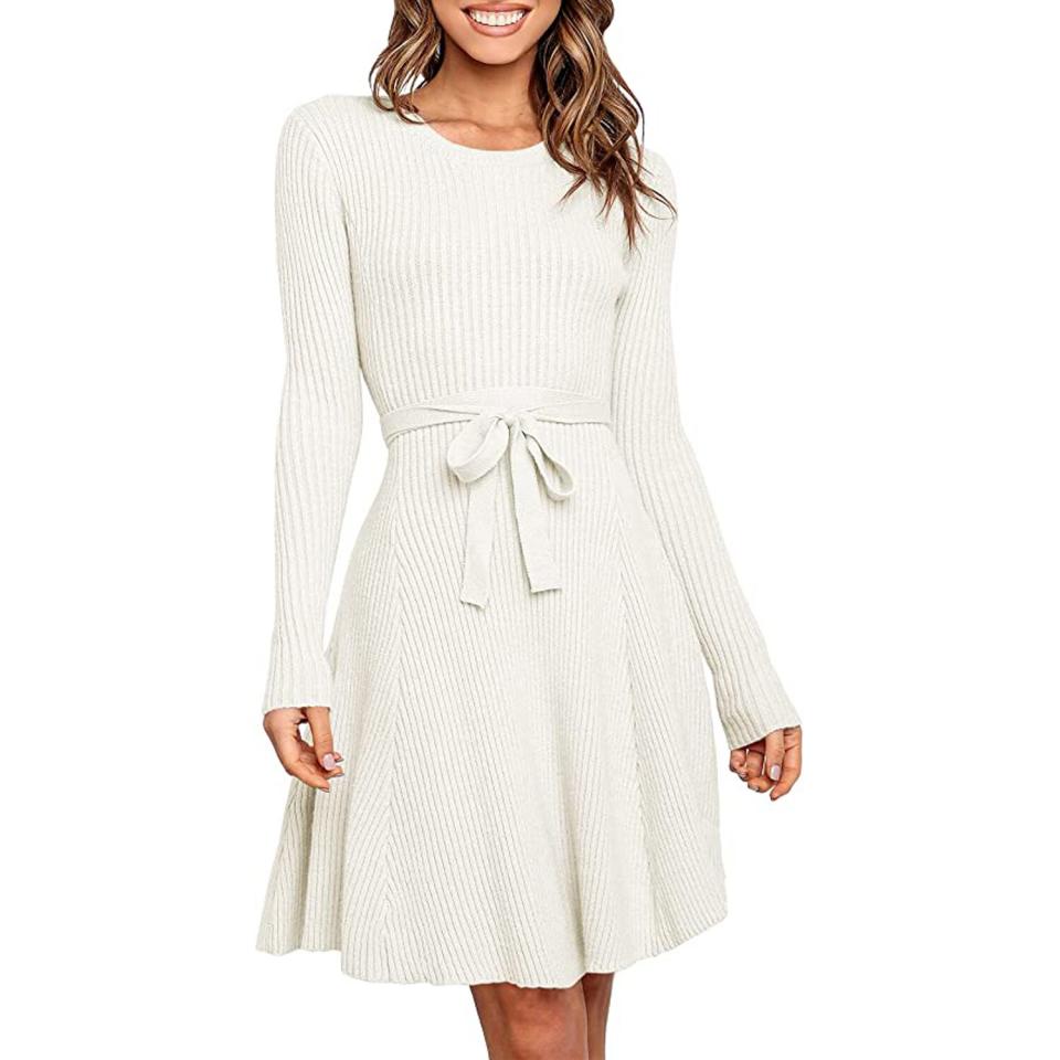 ANRABESS Crewneck Long Sleeve Tie Solid Ribbed Knit Sweater Dress