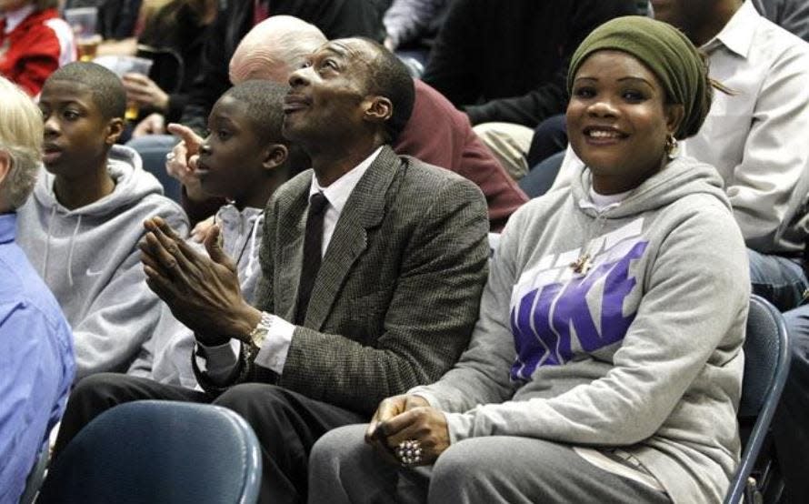 The family of Giannis Antetokounmpo watches at a 2014 Bucks game. Members of his family (from left) Kostas, Alex, Charles and Veronica, were able to follow their son to the United States.