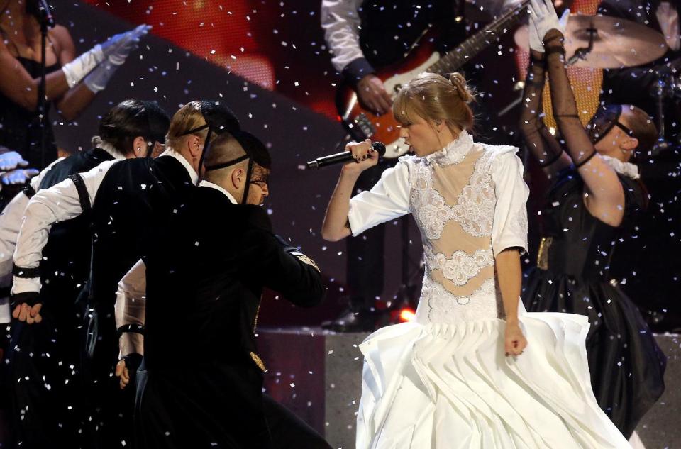 Taylor Swift performs on stage during the BRIT Awards 2013 at the o2 Arena in London on Wednesday, Feb. 20, 2013. (Photo by Joel Ryan/Invision/AP)