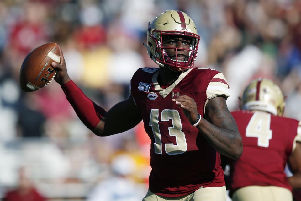 Boston College quarterback Anthony Brown passes during the first half of an NCAA college football game against Wake Forest in Boston, Saturday, Sept. 28, 2019. (AP Photo/Michael Dwyer)