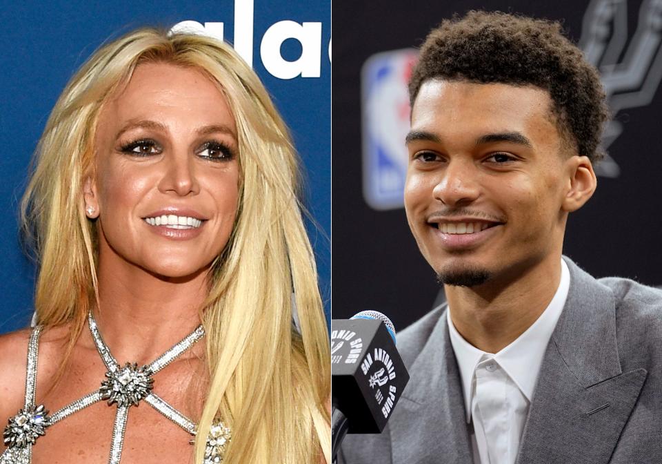 FILE - Britney Spears appears at the 29th annual GLAAD Media Awards in Beverly Hills, Calif., on April 12, 2018, left, and San Antonio Spurs NBA basketball first round draft pick Victor Wembanyama speaks during a news conference in San Antonio on June 24 , 2023. Wembanyama said Thursday, July 6, 2023, that he believes Britney Spears grabbed him from behind as he was walking into a restaurant at a Las Vegas casino, and that the security detail he was with pushed the pop star away.  (AP Photos by Chris Pizzello, left, and Eric Gay, File)