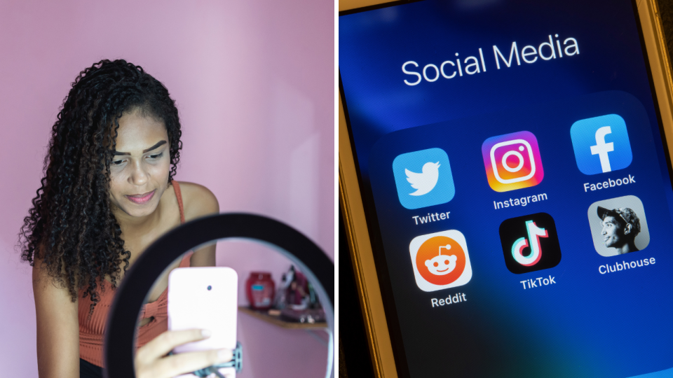 A woman using a smart phone with a ring light to represent an social media influencers and social medial apps as presented on a smart phone.