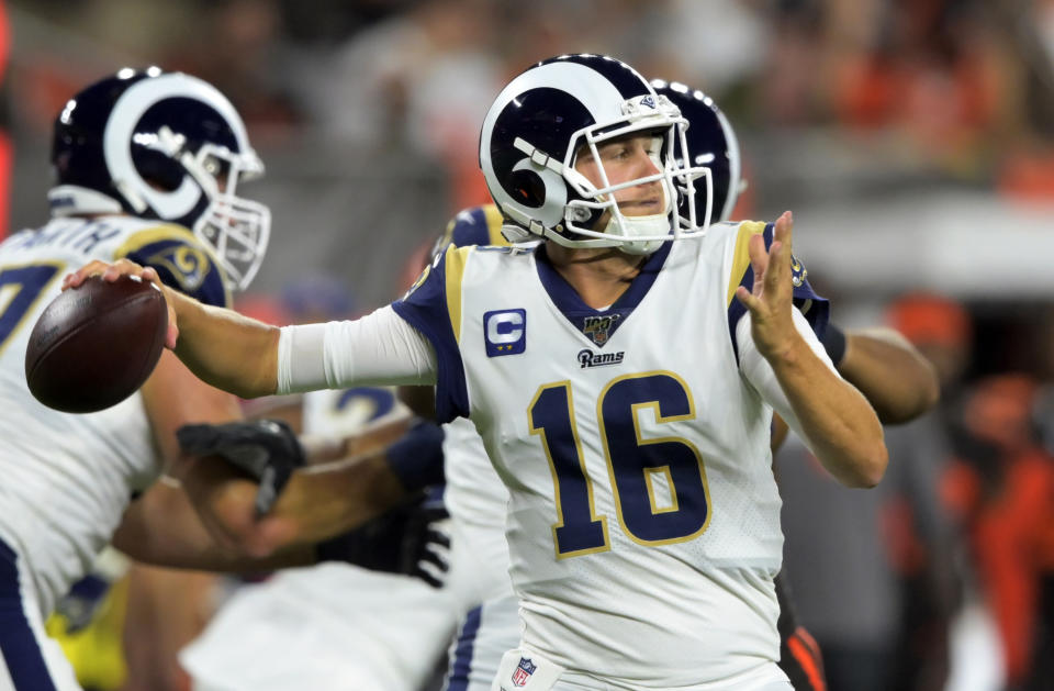 Los Angeles Rams quarterback Jared Goff throws during the first half of an NFL football game against the Cleveland Browns, Sunday, Sept. 22, 2019, in Cleveland. (AP Photo/David Richard)