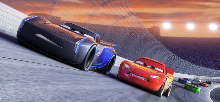 Jackson Storm (voiced by Armie Hammer) and Lightning McQueen (voiced by Owen Wilson) in ‘Cars 3’ (Photo: ©2016 Disney•Pixar)