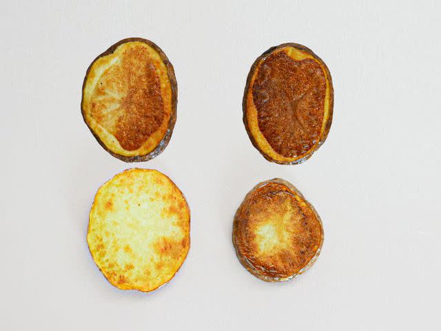 <p>Serious Eats / Perry Santanachote</p> Fried russet potatoes (top) and fried Yukon Gold potatoes (bottom) show that the refrigerated potatoes browned faster.