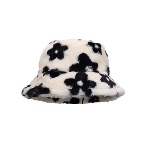 Women Winter Plush Fuzzy Bucket Hat, Flower Printed Fluffy Warm Faux Fur Fisherman Hat, Foldable Aesthetic Y2K Bucket Hat (Black), One Size