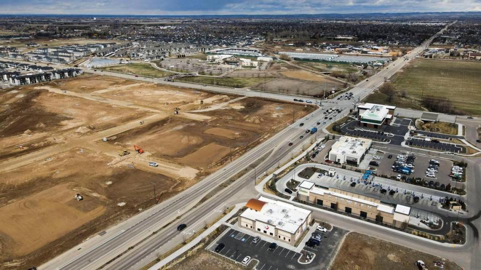 This drone shot, looking northwest, shows development happening just north of the proposed District at Ten Mile. The 222-acre development would be just out of frame on the left hand side.