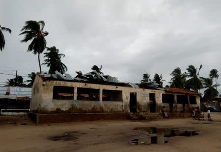 A damaged building is pictured after Cyclone Kenneth swept through the region in Cabo Delgado province, Mozambique April 26, 2019 in this image obtained from social media. UNICEF via REUTERS