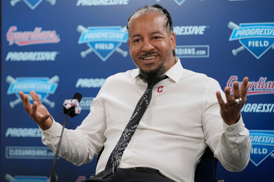 Former Cleveland baseball player Manny Ramirez answers a question during a news conference Saturday in Cleveland.