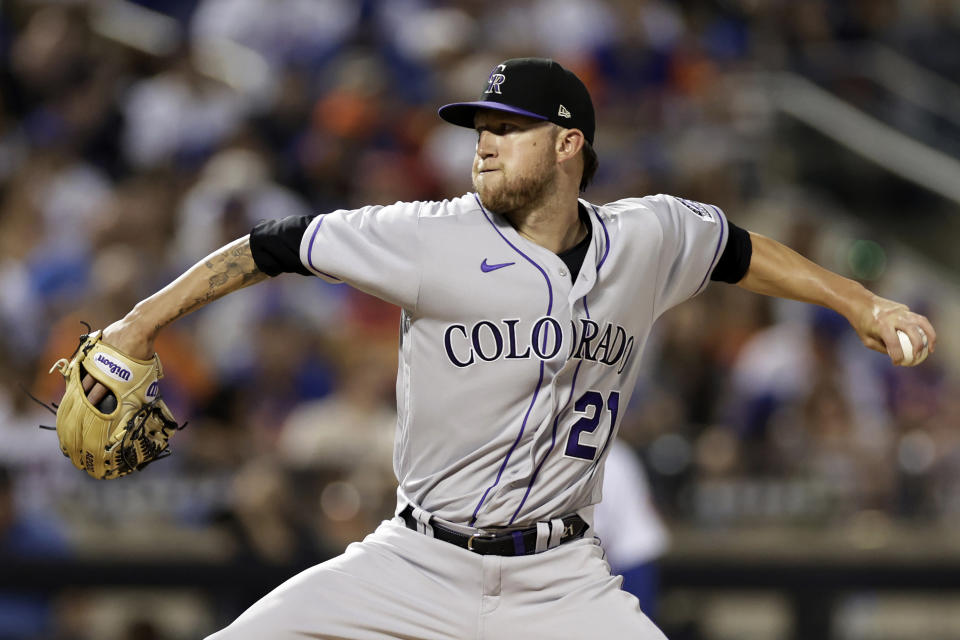 Colorado Rockies pitcher Kyle Freeland throws during the first inning of the team's baseball game against the New York Mets on Saturday, Aug. 27, 2022, in New York. (AP Photo/Adam Hunger)