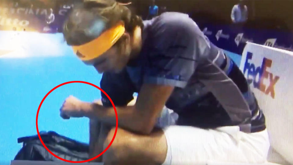 Alexander Zverev has batted away accusations he was checking his phone or some other device during his ATP Finals match against Stefanos Tsitsipas. Picture: Twitter/Ben Rothenberg