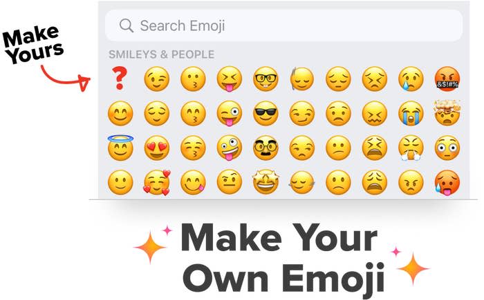 Computer screen displaying emoji search with various emojis and text 'Make Your Own Emoji'