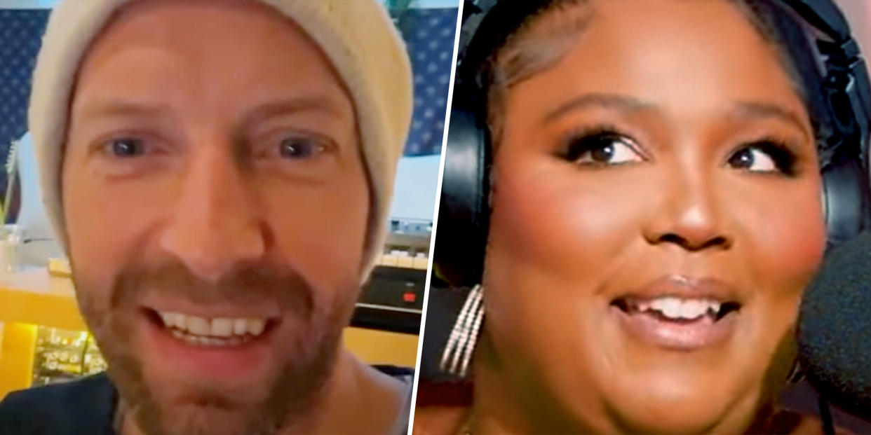 Chris Martin surprises Lizzo during an interview with Apple Music's Zane Lowe. (YouTube)