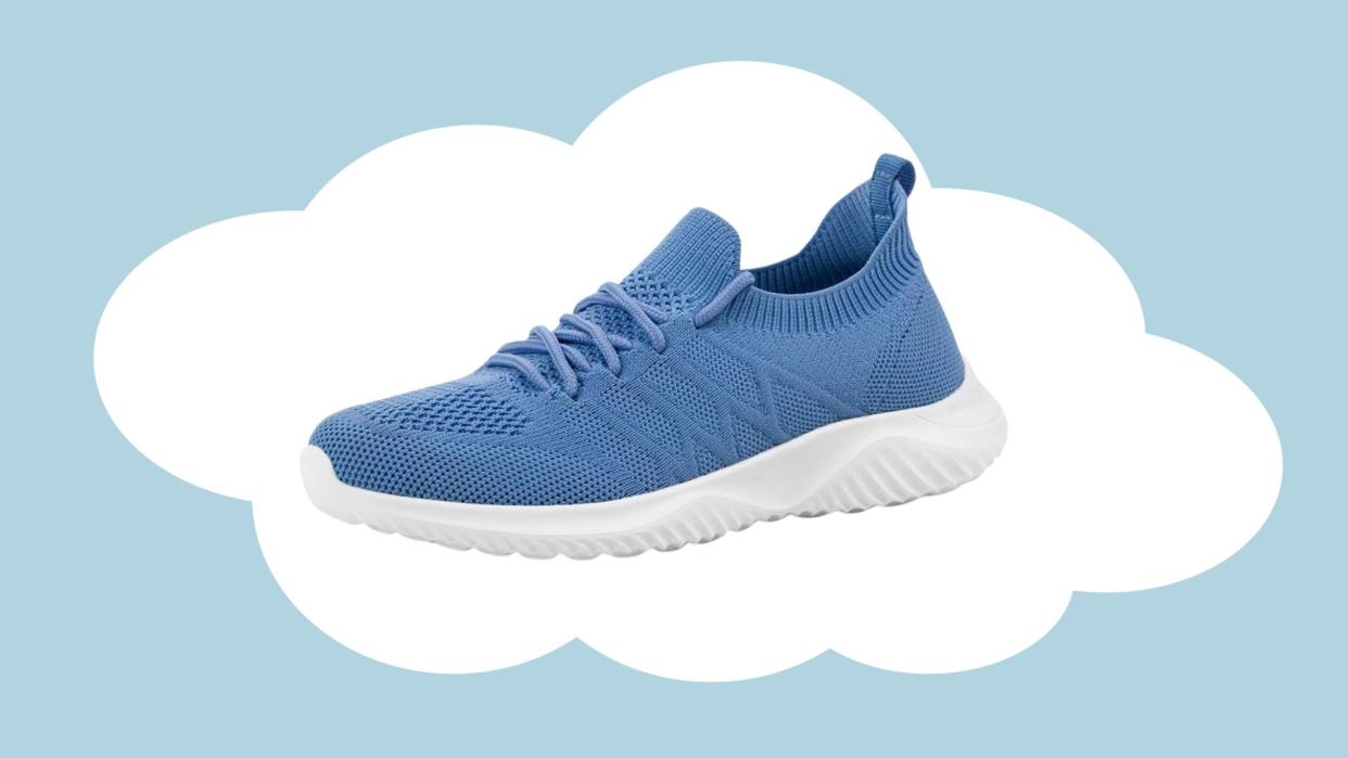 light blue walking sneakers with white soles