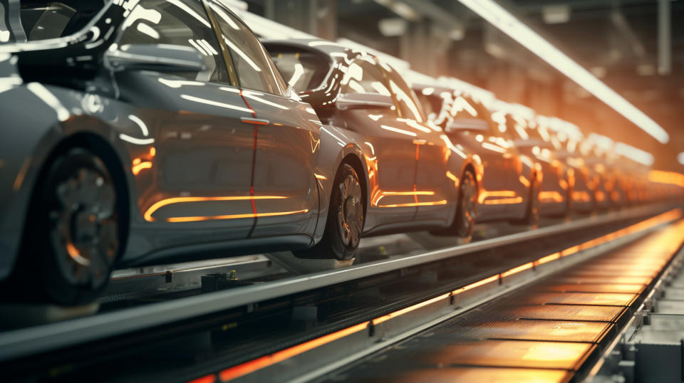 An assembly line of electric cars moving along a production line.