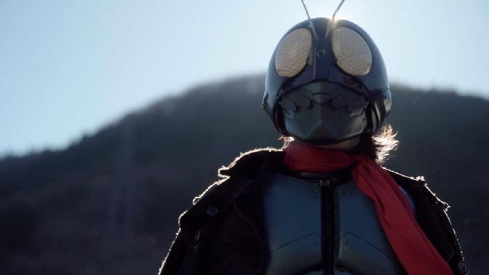 Hongo Takeshi stands as the titular hero in Shin Kamen Rider.