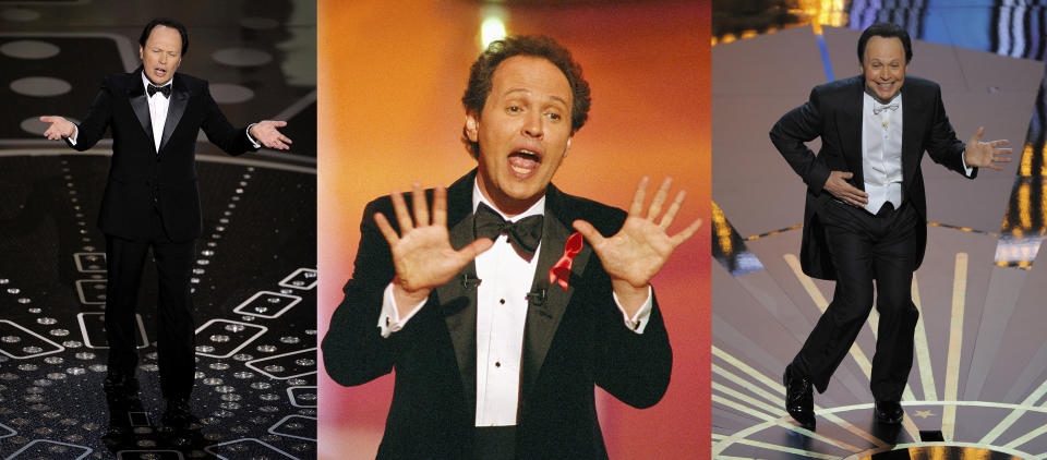 Billy Crystal como anfitrión de la 83a entrega de los Premios de la Academia en Los Angeles el 27 de febrero de 2011, de izquierda a derecha, Crystal como anfitrión de la 64ª entrega de los Premios de la Academia en Los Angeles el 30 de marzo de 1992 y Crystal como anfitrión de la 84a entrega de los Premios de la Academia en Los Angeles el 26 de febrero de 2012. Crystal ha sido anfitrión de los Oscar en nueve ocasiones. (Foto AP)