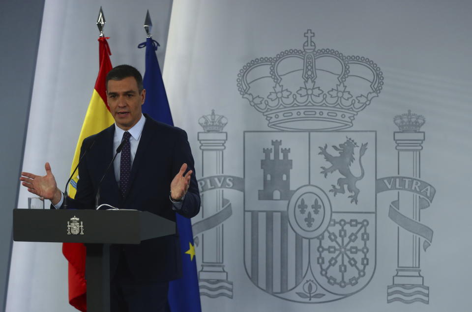 Spain's Prime Minister Pedro Sanchez talks during a press conference at the Moncloa Palace in Madrid, Spain, Tuesday, April 13, 2021. (Sergio Perez/Pool photo via AP)