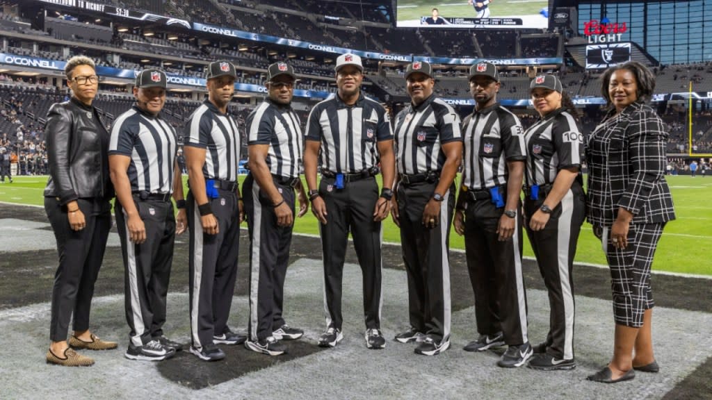 NFL officials pose for a group picture before the Las Vegas Raiders played against the Los Angeles Chargers in an NFL football game Thursday in Las Vegas. (Photo: Jeff Lewis/AP)