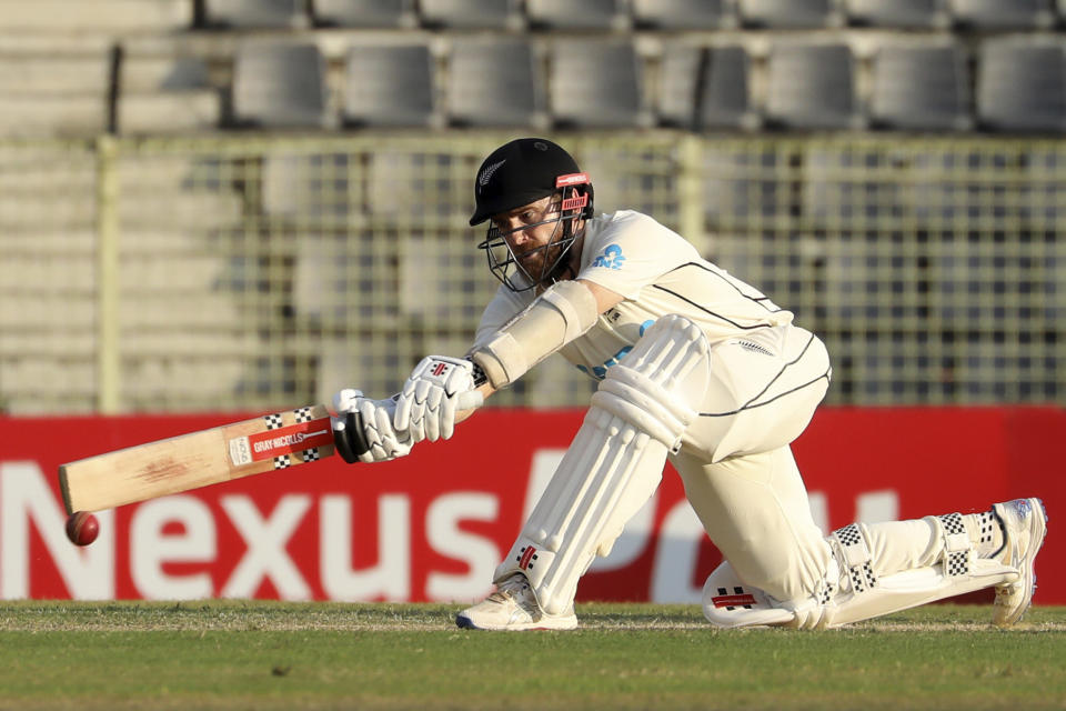 New Zealand's Kane Williamson bats during the second day of the first test cricket match at Sylhet, Bangladesh, Wednesday, Nov. 29, 2023. (AP Photo/Mosaraf Hossain)