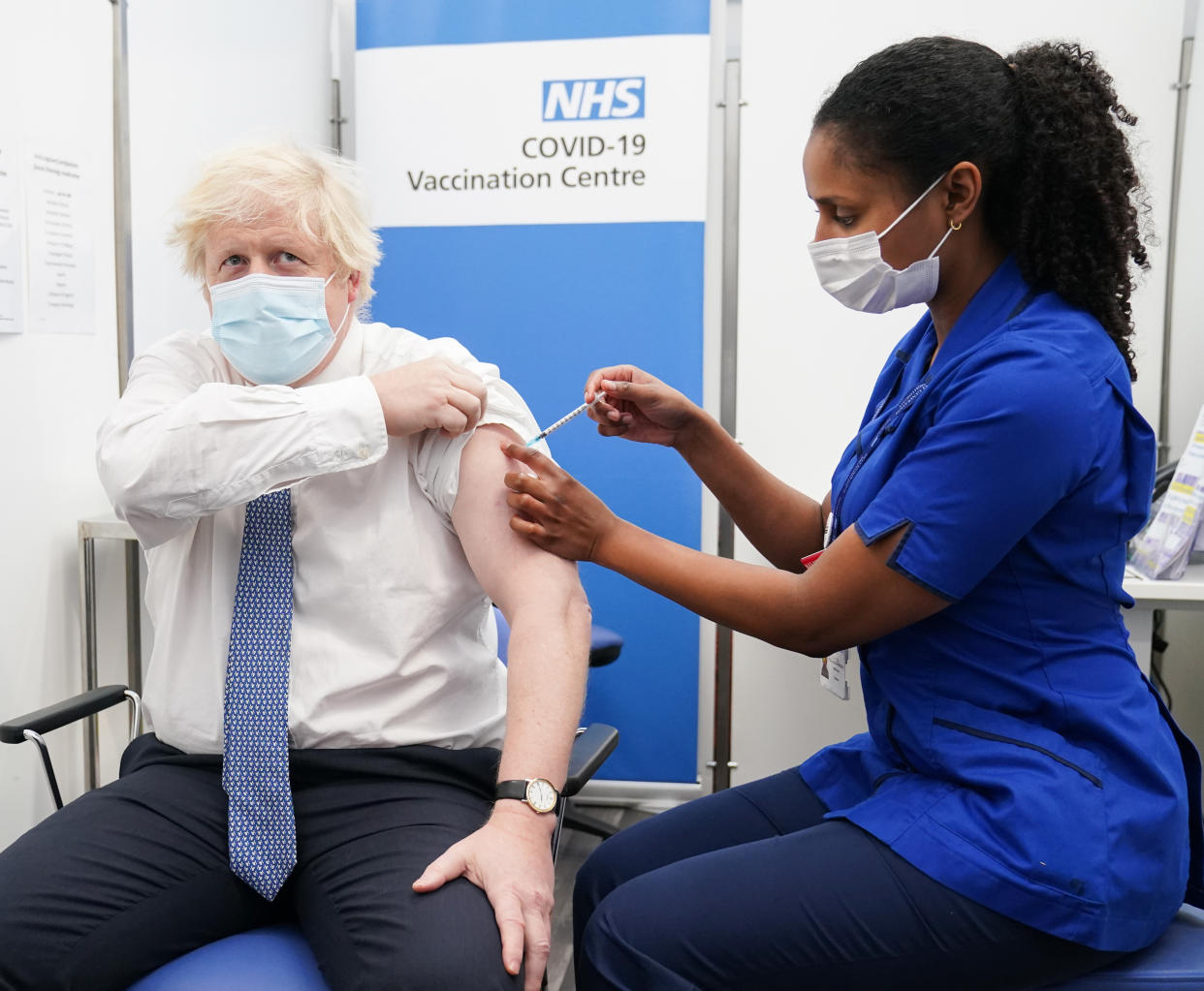 Prime Minister Boris Johnson receives his booster jab of the coronavirus vaccine at St Thomas Hospital in London, as the Government accelerates the Covid booster programme to help slow down the spread of the new Omicron variant. Picture date: Thursday December 2, 2021.