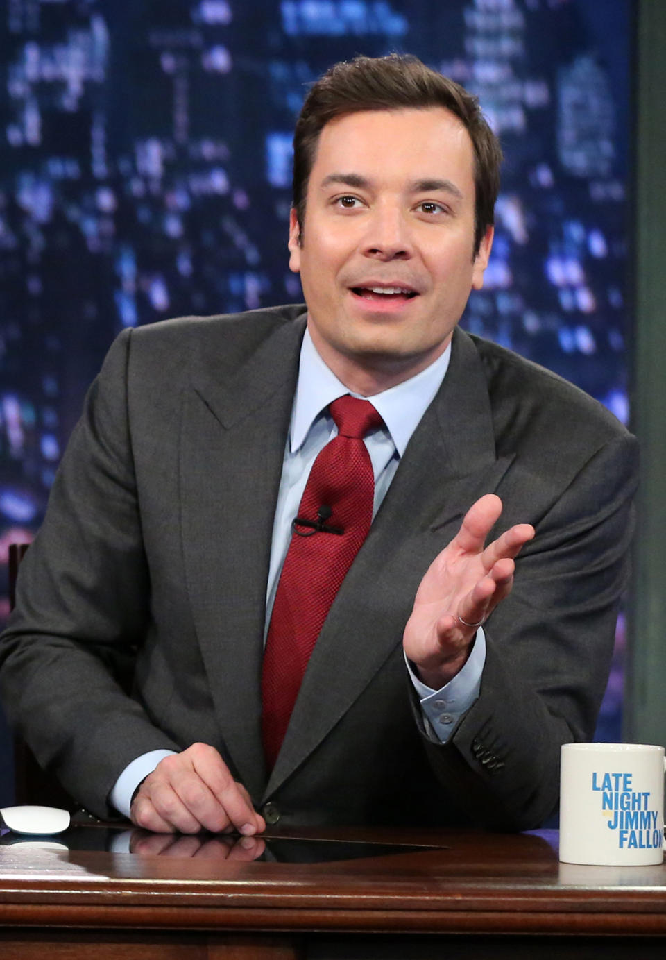 This Feb. 1, 2013 photo released by NBC shows Jimmy Fallon, host of "Late Night with Jimmy Fallon," on the set in New York. (AP Photo/NBC, Lloyd Bishop)