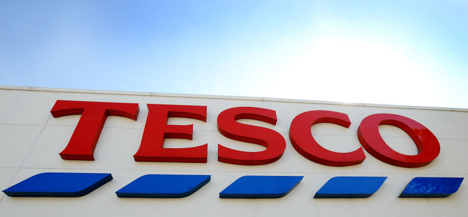 General view of Tesco shop sign in central London.