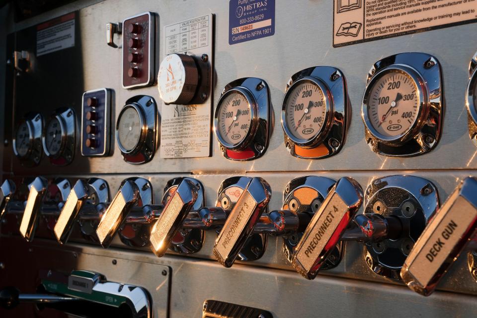 Feb 5, 2024; Northport, Alabama, USA; The City of Northport put the new Engine 1 in service at City Hall Monday, replacing a fire truck that was 24 years old. This view shows some of the pump panel on the new engine which can pump 1,250 gallons of water per minute.
