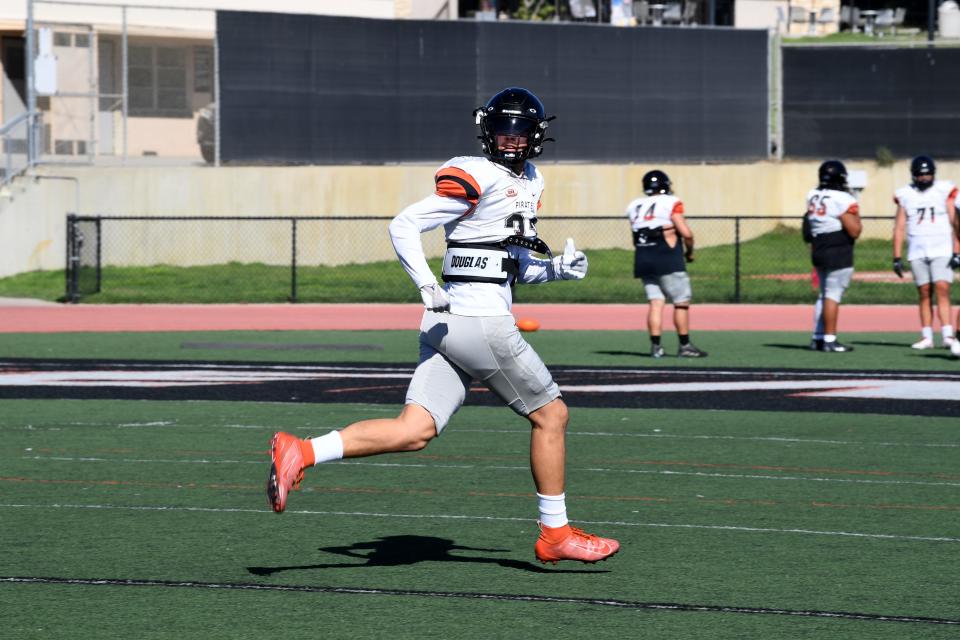 Bryce Zavala runs a route during a Ventura College football practice on Tuesday, Aug. 30, 2023. The Pirates open their season Saturday at Saddleback.