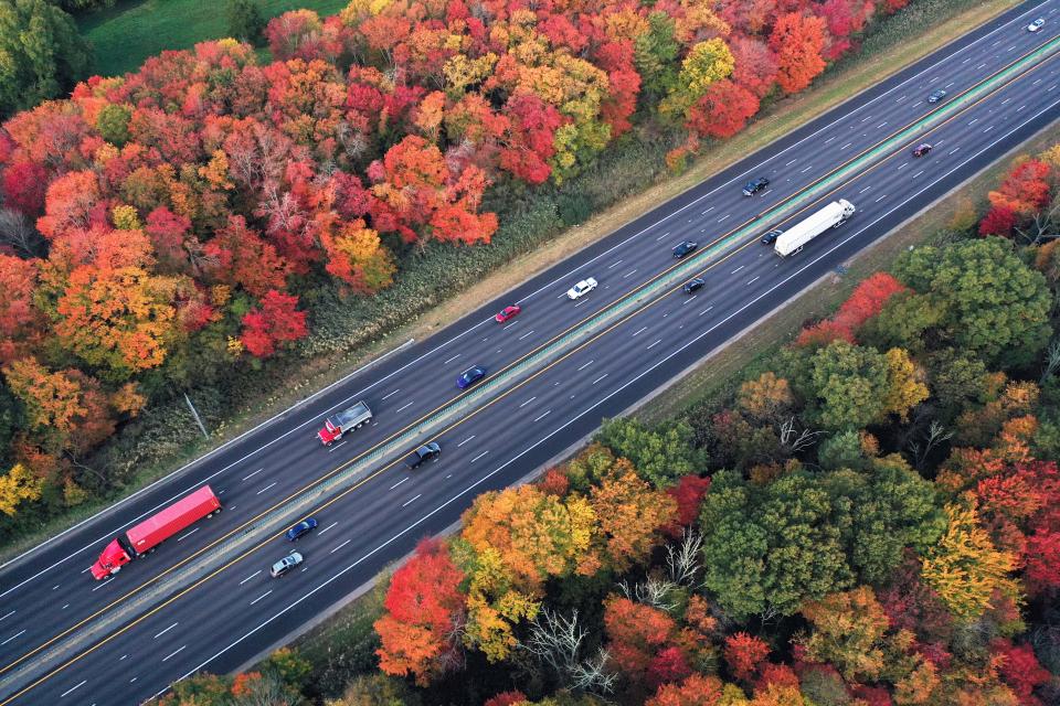 Foliage on Route 24 from the Walnut Street overpass in West Bridgewater on Wednesday, Oct, 19, 2023.
