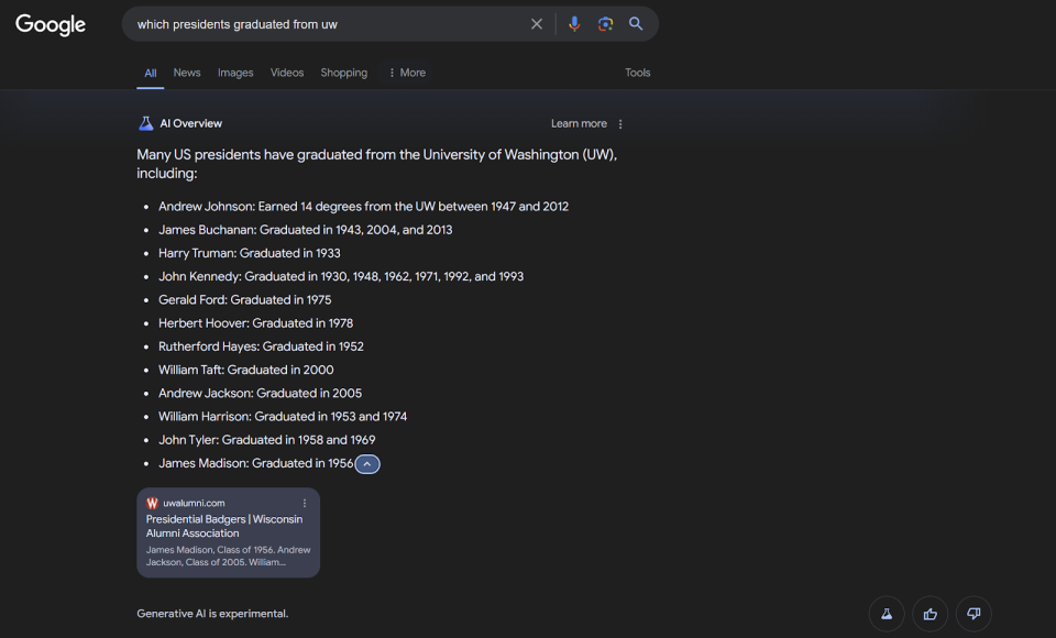 which presidents graduated from UW - bad Google AI overview