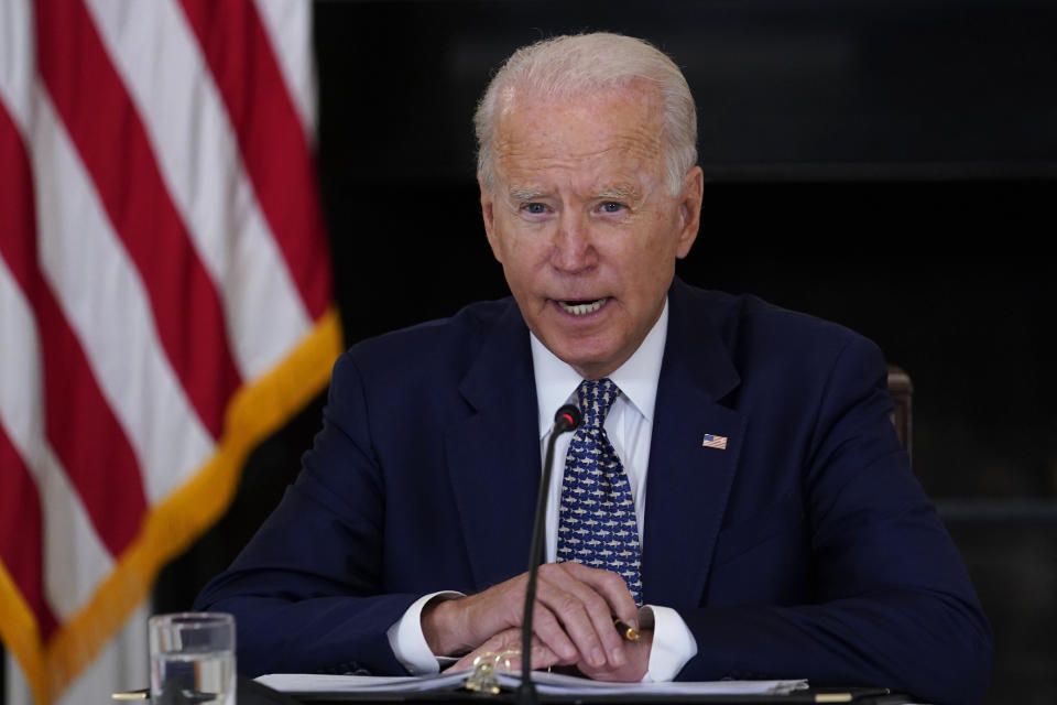 President Joe Biden speaks as he receives a briefing in the State Dining Room of the White House in Washington, Tuesday, Aug. 10, 2021, on how the COVID-19 pandemic is impacting hurricane preparedness. (AP Photo/Susan Walsh)