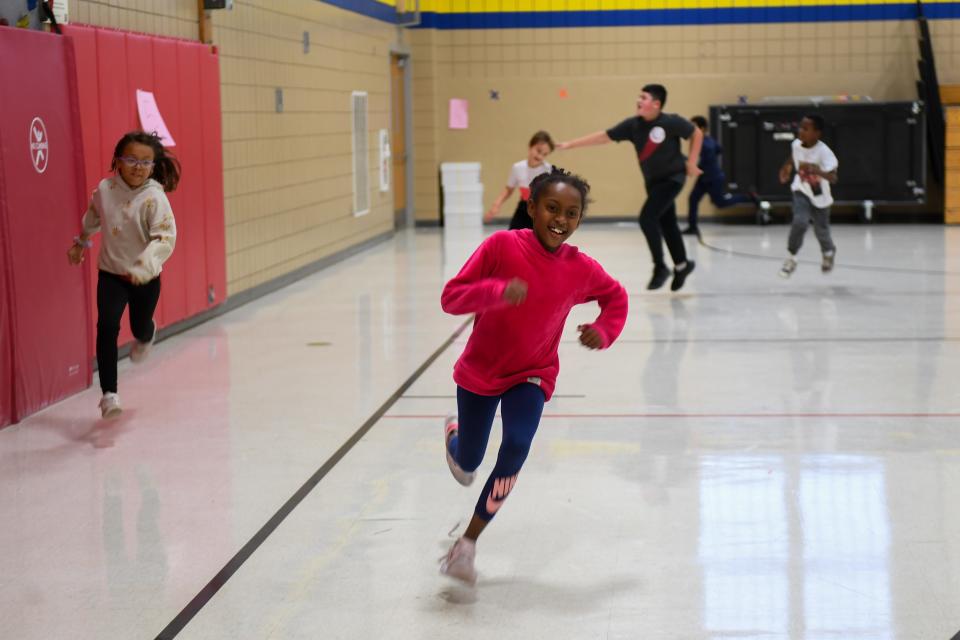 Students play four square in the gymnasium on Wednesday, Nov. 8, 2023 at Terry Redlin Elementary School in Sioux Falls, South Dakota.