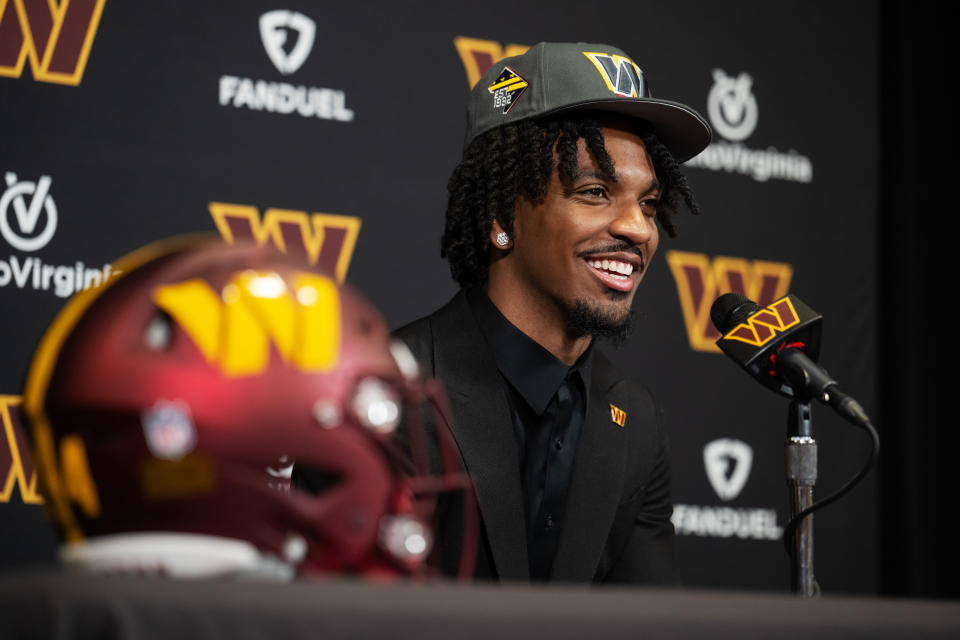 ASHBURN, VA - APRIL 26: Quarterback Jayden Daniels speaks at a Commanders press conference at Commanders Park in Ashburn, VA on April 26, 2024. (Photo by Craig Hudson for The Washington Post via Getty Images)