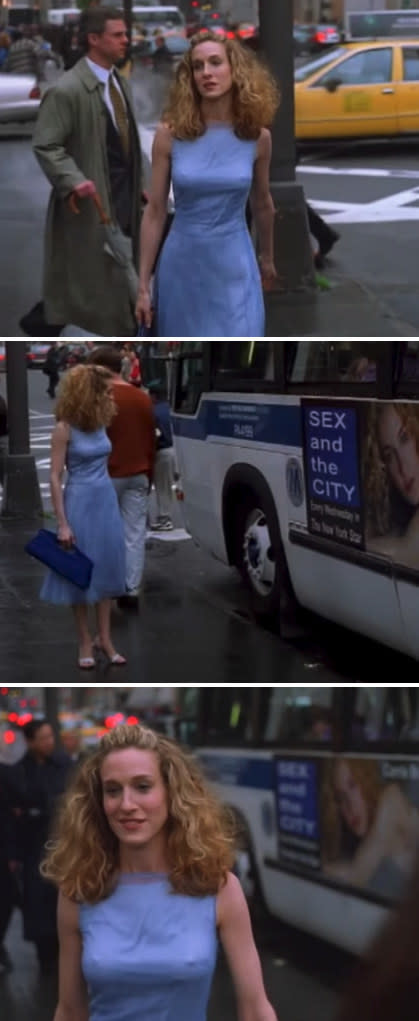 Alternative opening credits for "Sex and the City" with Sarah Jessica Parker wearing a conservative, long, blue dress walking down the street in New York City
