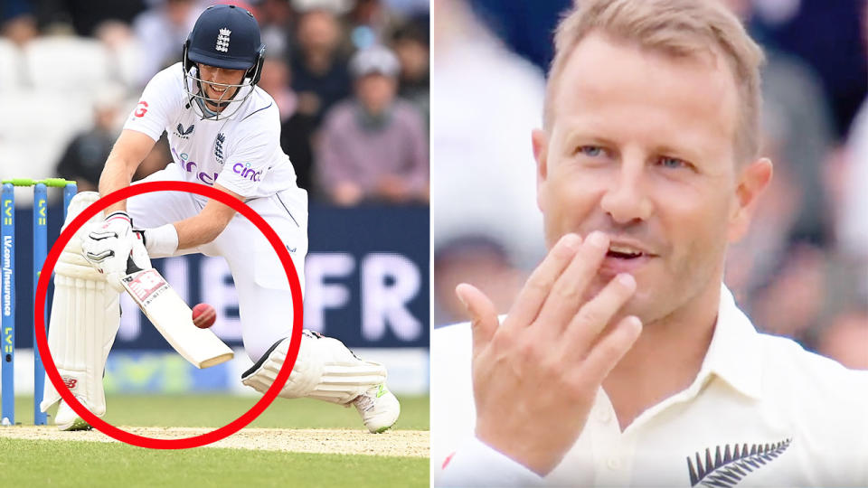 Joe Root's reverse scoop for six left Kiwi quick Neil Wagner in disbelief. Pic: Getty/ECB