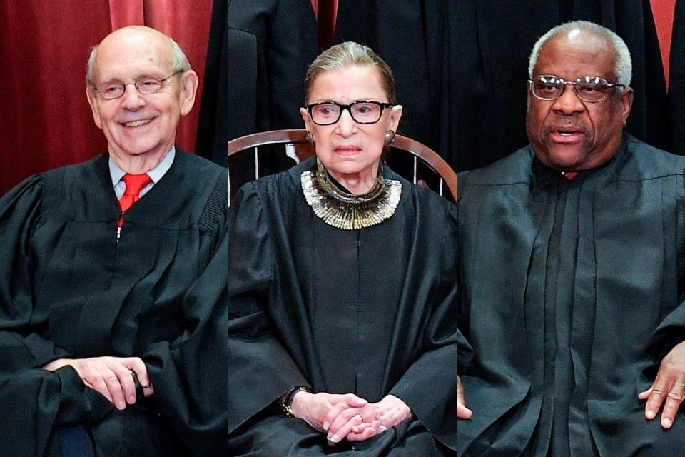A triptych of justices Stephen Breyer, Ruth Bader Ginsburg, and Clarence Thomas, sitting for their official portraits in judicial robes.