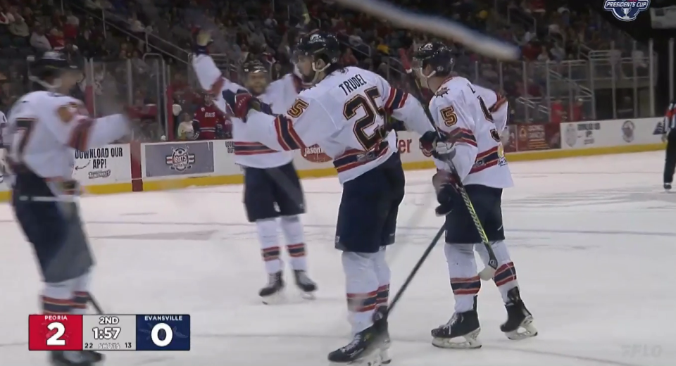 Peoria Rivermen rookie Tristan Trudel (25) celebrates his goal during a 7-2 blowout win against Evansville in Game 1 of the SPHL semifinals on Wednesday, April 17, 2024 at Ford Center in Evansville, Ind.