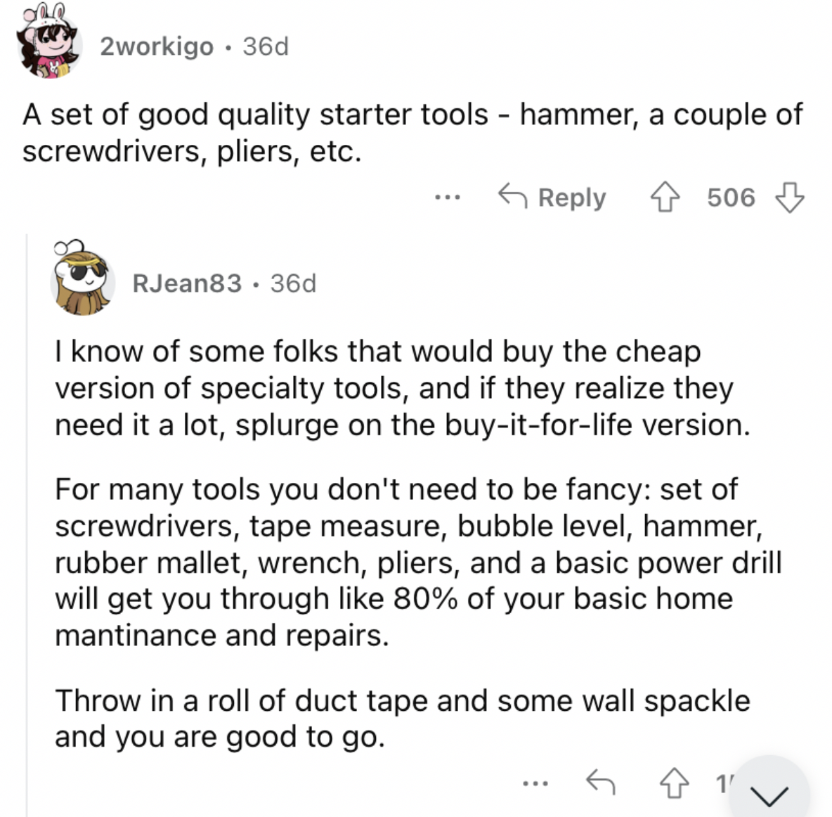 Reddit screenshot about the value of high-quality starter tools.