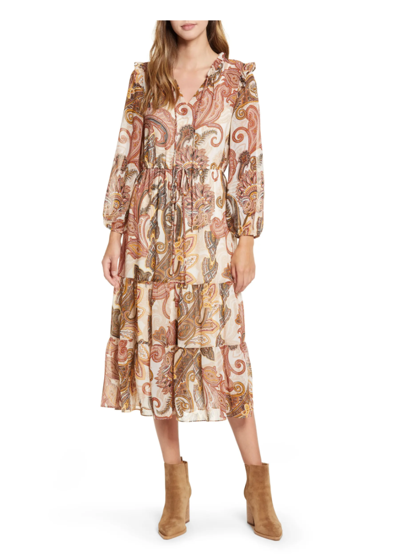 Julia Jordan Long Sleeve Tiered Chiffon Midi Dress. Image via Nordstrom.