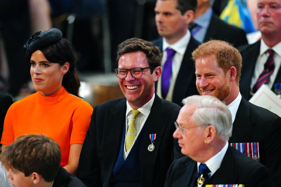 Princess Eugenie, Jack Brooksbank and the Duke of Sussex during the National Service of Thanksgiving at St Paul's Cathedral, London, on day two of the Platinum Jubilee celebrations for Queen Elizabeth II. Picture date: Friday June 3, 2022. (Photo by Aaron Chown/PA Images via Getty Images)