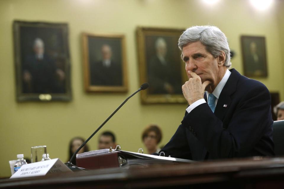 Secretary of State John Kerry pauses while testifying on Capitol Hill in Washington, Wednesday, March 12, 2014, before the House Appropriations subcommittee on State, Foreign Operations, and Related Programs Budget hearing. Kerry sais he will travel to London to meet Russian Foreign Minister Sergey Lavrov on Friday in a last-ditch bid to avert a new crisis over Ukraine. (AP Photo/Charles Dharapak)