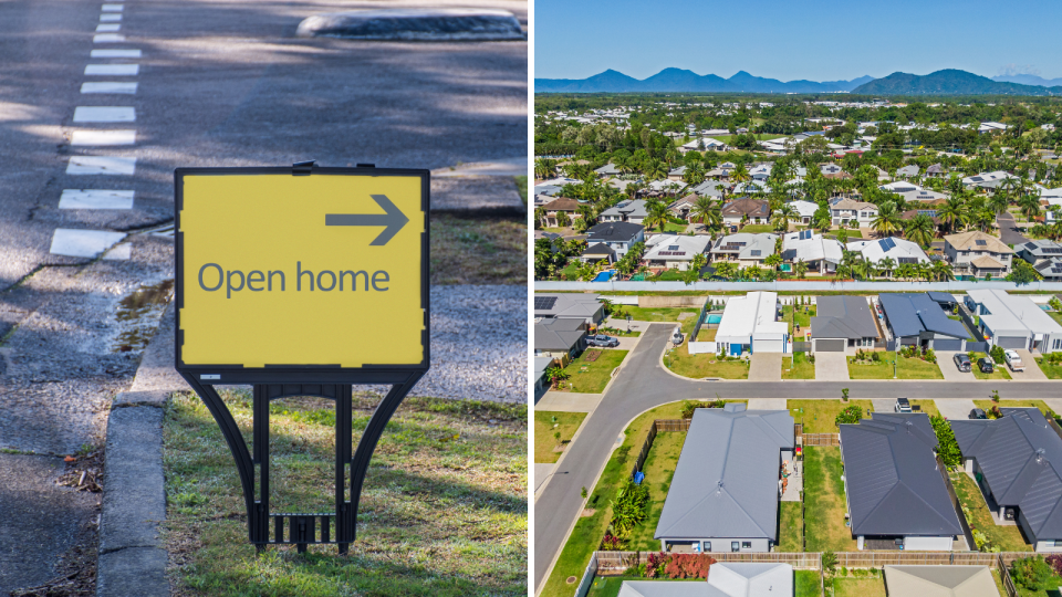 Images of open home sign. Cairns suburbs. Regional property concept.