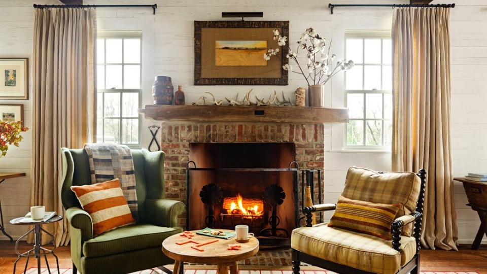 beechwood farm in the east alabama hamlet of fitzgerald owned by debra koehler and her husband todd turner living room with rustic mantel