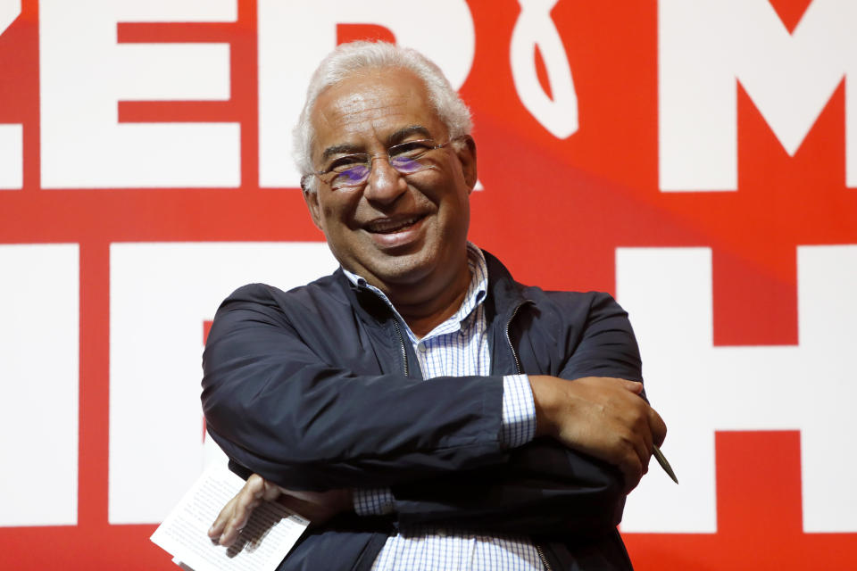 Portuguese Prime Minister and Socialist Party leader Antonio Costa smiles during a meeting with citizens to discuss inclusion policies for disabled people, on Sunday, Sept. 21, 2019. Portugal's governing Socialist Party is hoping an economic recovery over the past four years will ensure it is returned to power in an Oct. 6 general election. (AP Photo/Armando Franca)