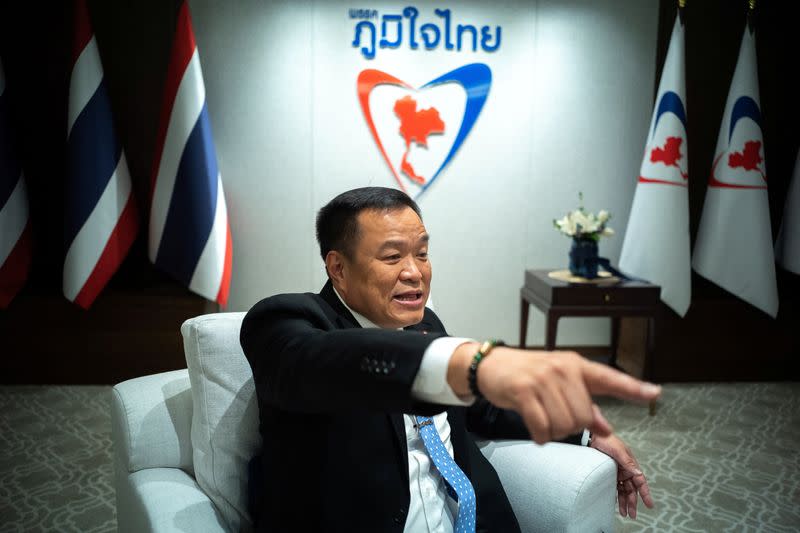 Anutin Charnvirakul, Bhumjaithai Party's leader and prime ministerial candidate, speaks during an interview with Reuters in Bangkok