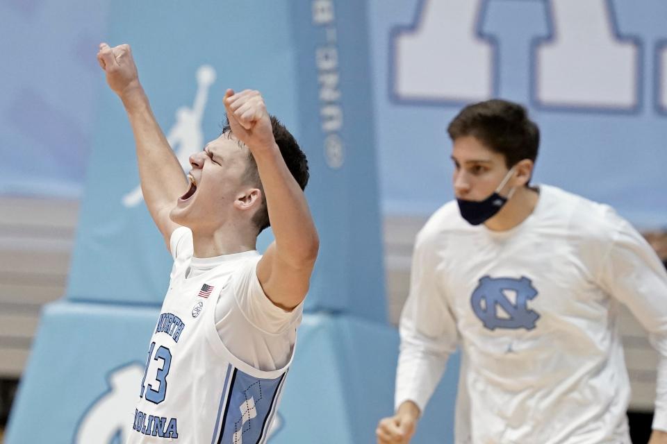 North Carolina forward Walker Kessler (13) reacts following a game against Florida State in Chapel Hill, N.C., Saturday, Feb. 27, 2021.